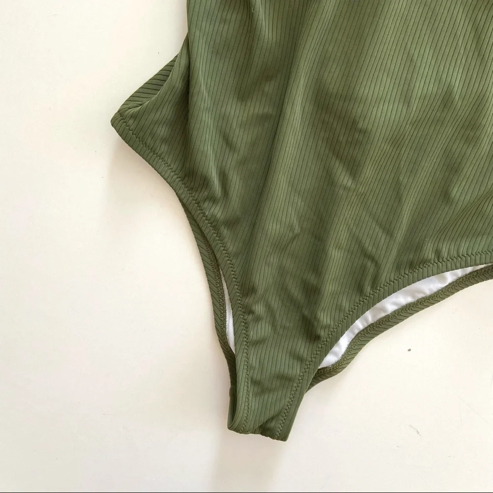 Shade & Shore Palm Olive Green Ribbed Cheeky One-Piece Swimsuit